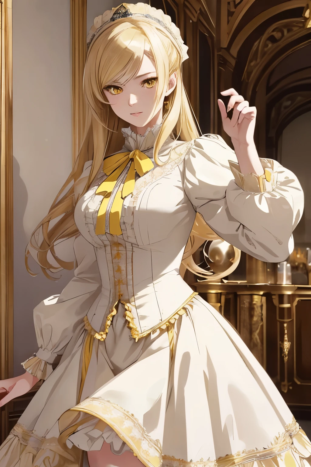 ((best quality)), ((masterpiece)), (detailed), perfect face, anime woman, high resolution, Victorian anime teenager, white and yellow dress, blonde, yellow eyes, london, standing, masquerade on hand, brown skirt