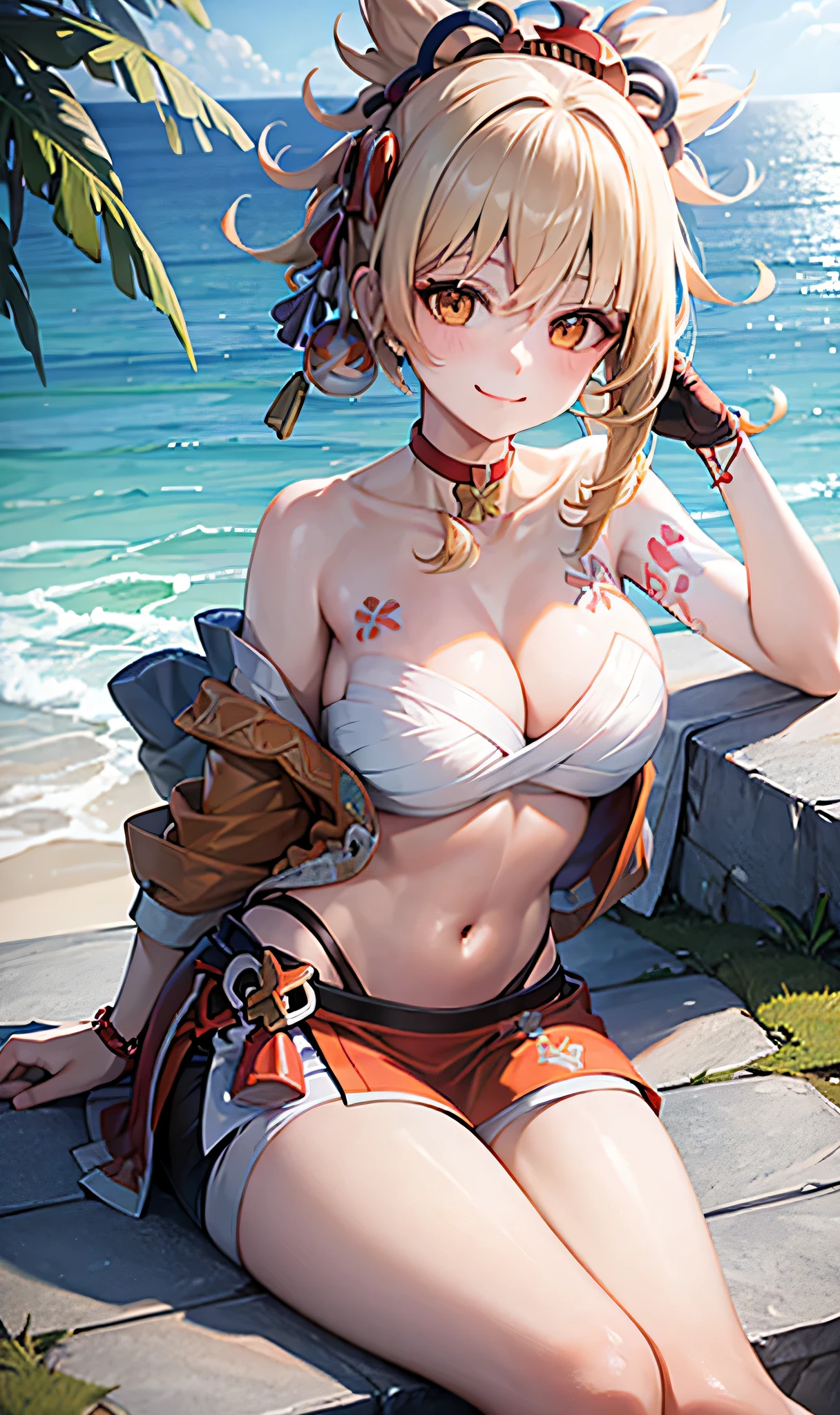 one-girl，Sit on a stone by the sea，Smiling busty, exposed navels, and the sun was shining brightly