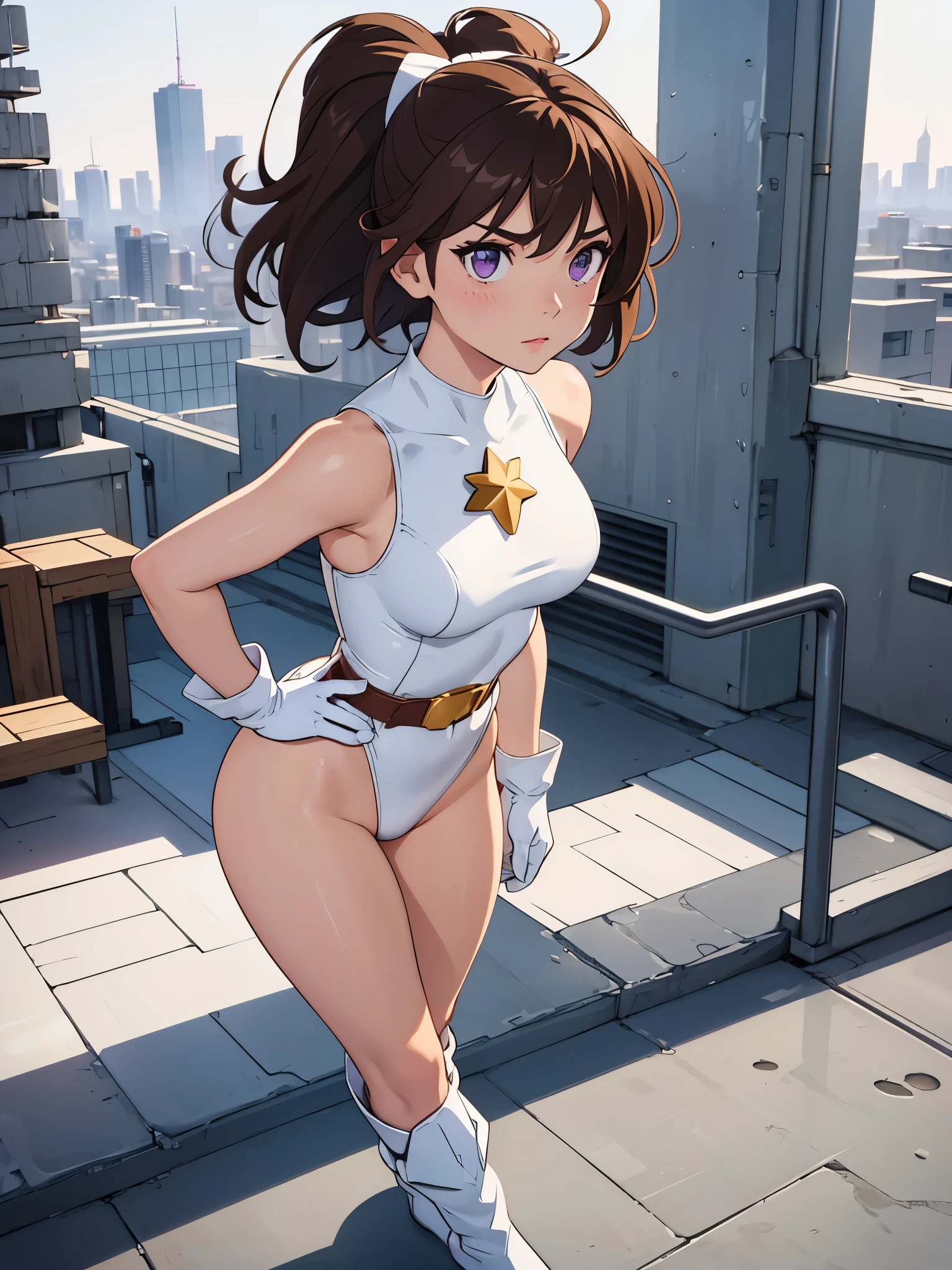 1girl, medium breasts, leotard, white and red leotard, bare legs, tight belt, boots, matching boots, white boots, gloves, white gloves, city backdrop, Tokyo city backdrop, solo, single, hands on hip, standing, full body shot, cowboy shot, superhero, beautiful detailed eyes, mature lady, gold star symbol on chest, brown hair, high leg leotard, purple eyes, sleeveless