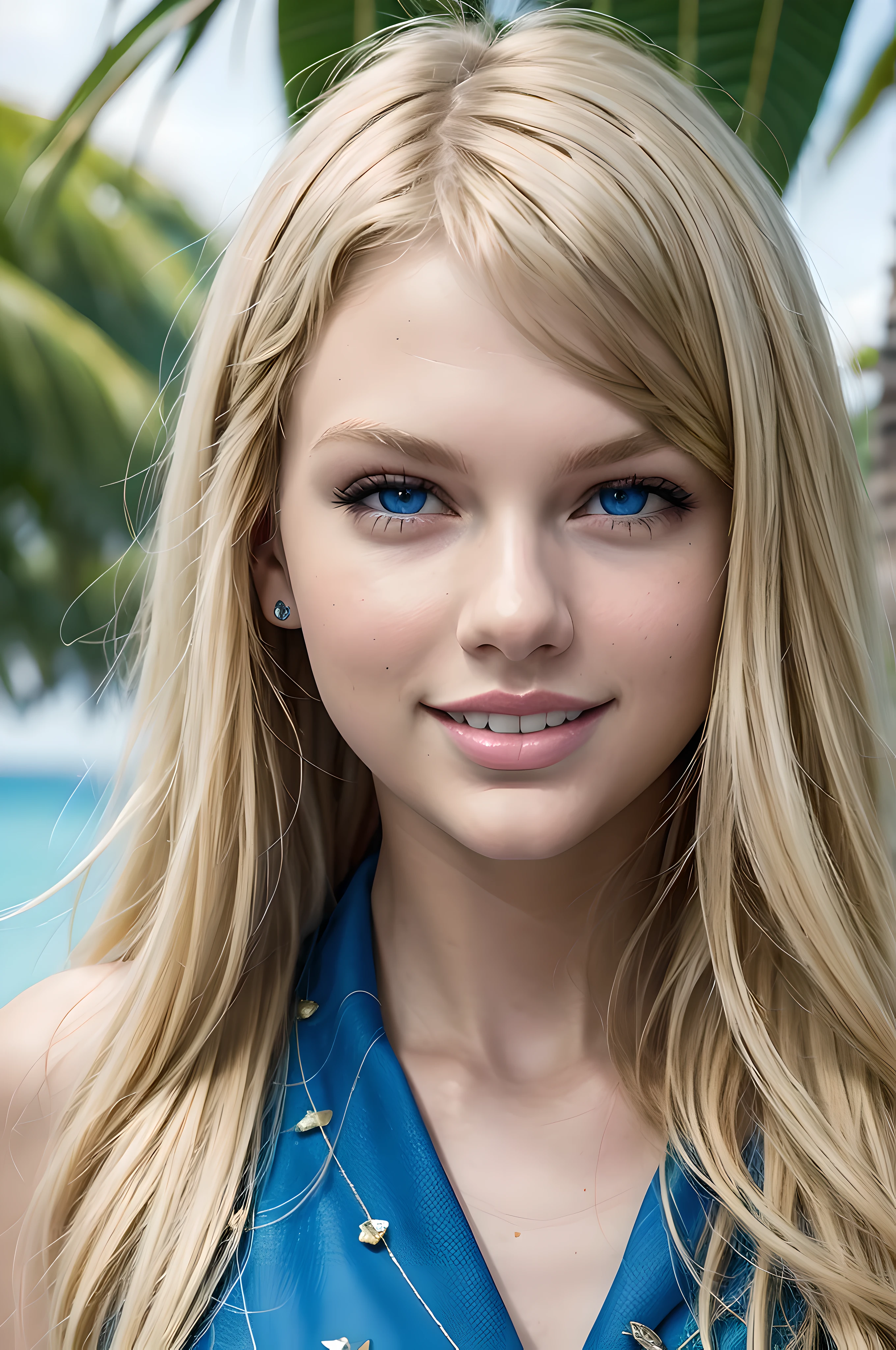 Taylor Swift, long blonde hair, (close-up, portrait), ((detailed blue eyes, smiling)), tropical island, (((masterpiece, best quality))).