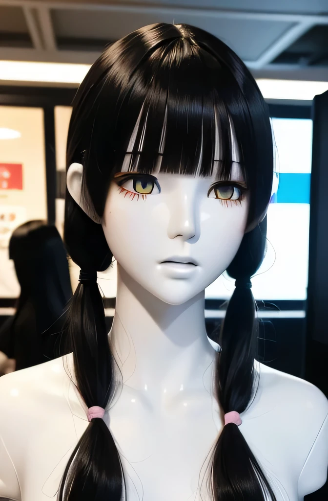 日本のMannequinがコンピューターでゲームをしている(Beautuful Women Mannequin is 30 years old Mannequinの色'my face is white. Mannequinの色'the body is pure white. Mannequin has black hair(long straight twin tails bangss) Mannequin has a thin and long face Mannequinの色'lips are light pink. Mannequin'Eye color is black Mannequinはシャツを着ています)
