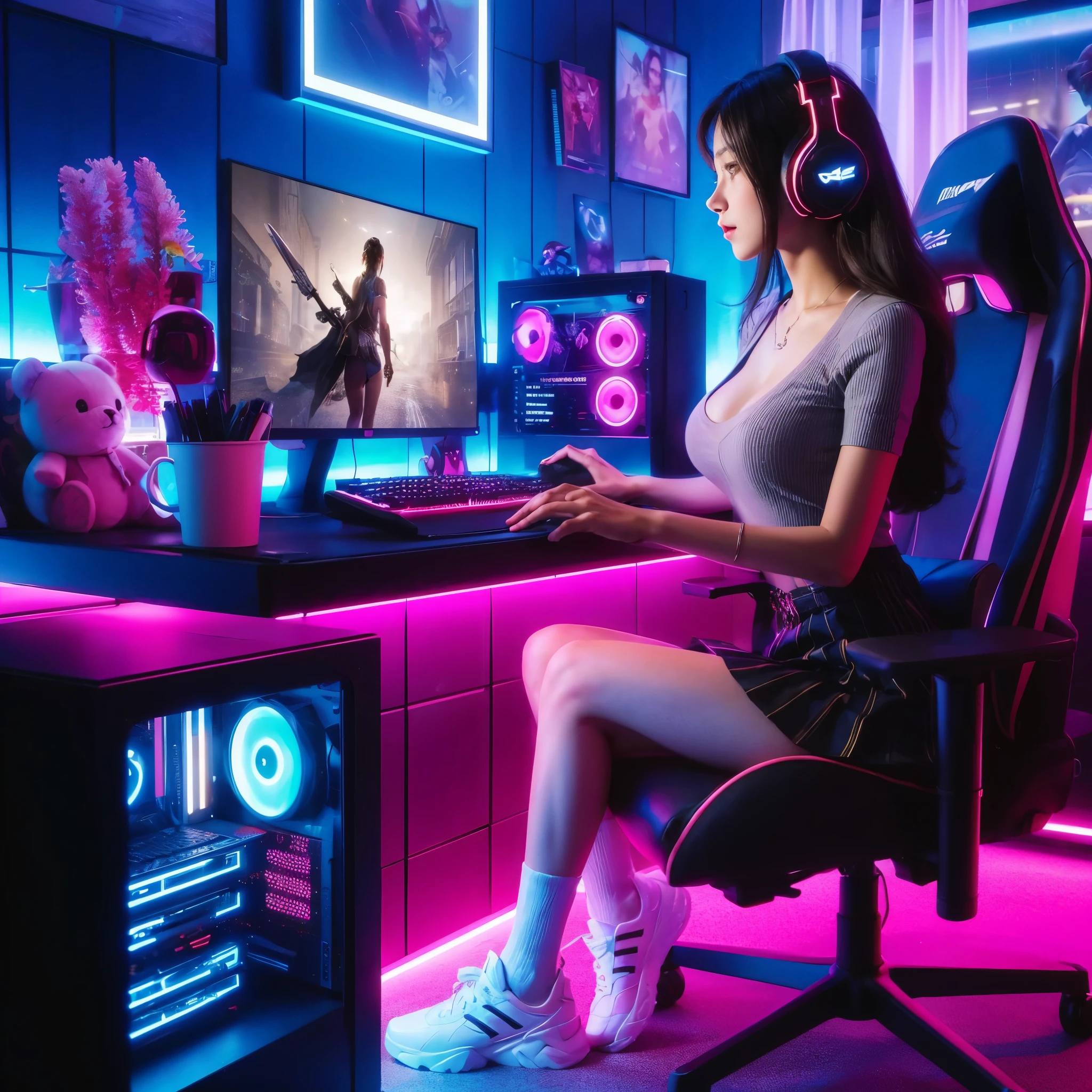 generate a lady wearing lowcut v-neck shirt, skirt, sneaker, playing a game in a full setup of high end gaming pc setup, from side view, gaming pc, gaming keyboard, gaming headphone, gaming mouse, rgb gaming chair, gaming floormat, rgb setup pc, inside luxury gaming room, neon flex, gaming ornaments, pvc figurese, masterpiece, best quality:1.2),,(8k,highres,RAW photo,realistic,photo-realistic:1.3),(detailed skin texture,detailed cloth texture,beautiful detailed face:1.25),professional lighting,photon mapping,beautiful soft light,radiosity,physically-based rendering,raytracing, model shoot style, model shoot style, (extremely detailed CG unity 8k wallpaper), full shot body photo of the most beautiful artwork in the world,