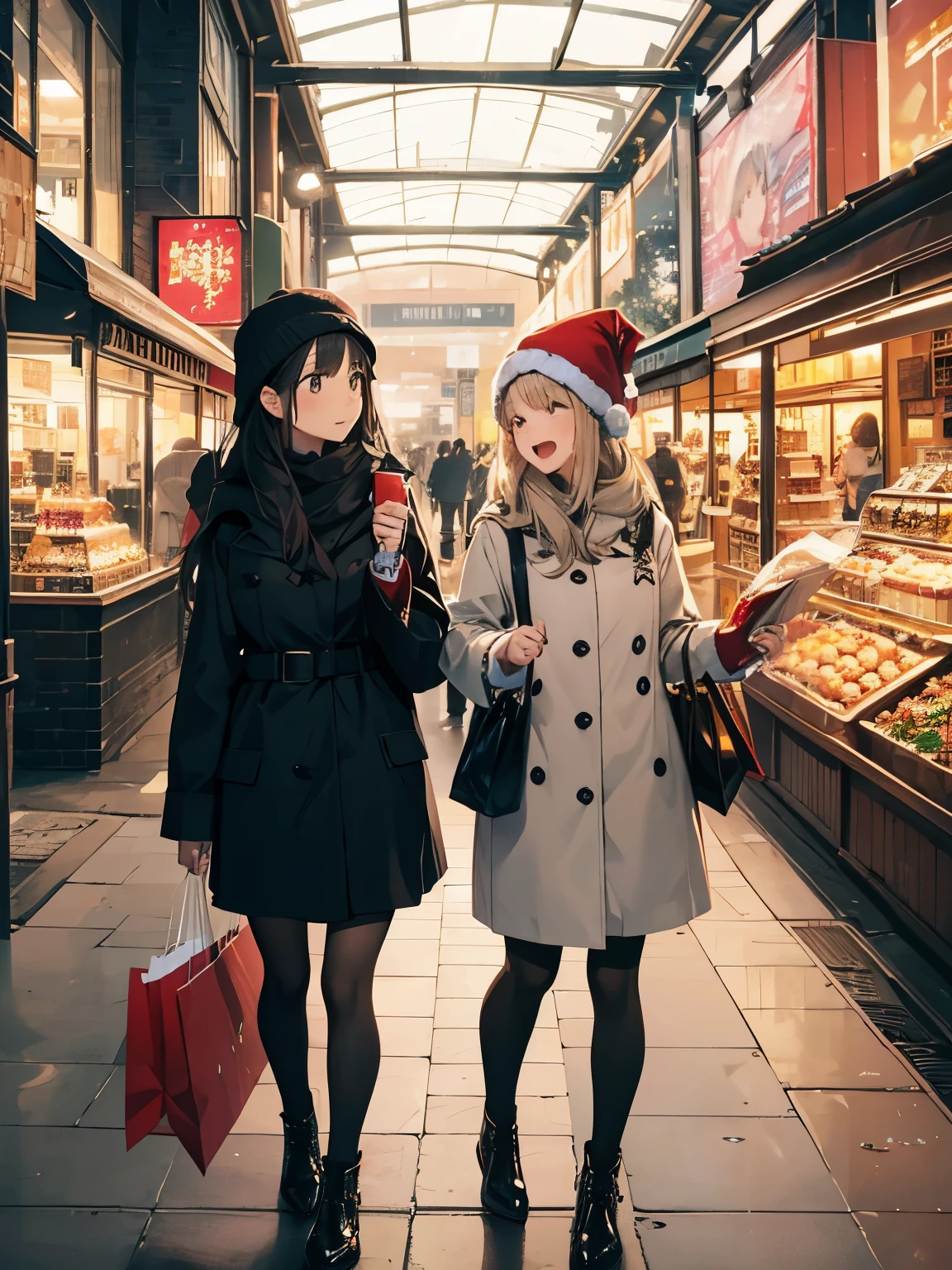 christmas city scenery、two girls enjoying shopping、full body Esbian、Take your eyes off、