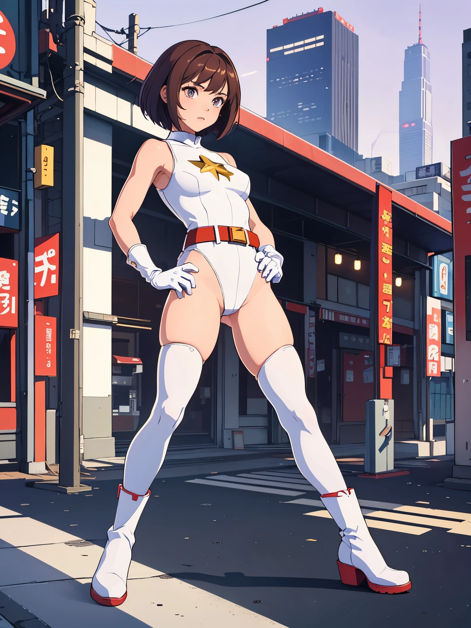 1girl, medium breasts, leotard, white and red leotard, bare legs, tight belt, yellow belt, boots, matching boots, ankle boots, white boots, gloves, white gloves, city backdrop, Tokyo city backdrop, solo, single, hands on hip, standing, full body shot, cowboy shot, superhero, beautiful detailed eyes, mature lady, gold star symbol on chest, brown hair, high leg leotard, purple eyes, bob hair, short hair, sleeveless