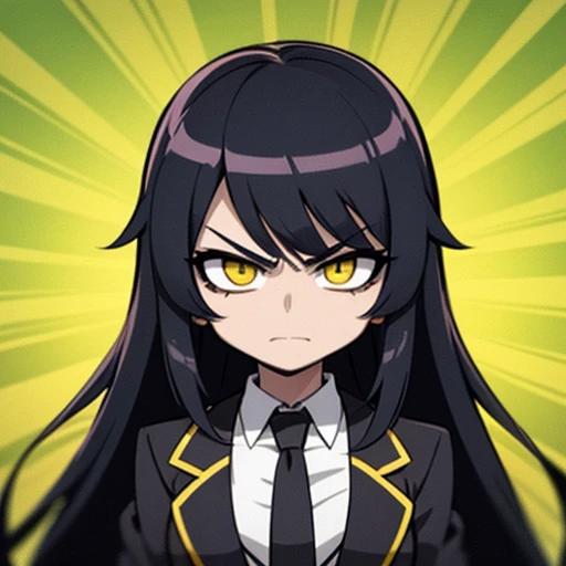 Mel Party, vtuber, long black hair, yellow eyes, anime girl, angry, mean, narcissist, black suit, black necktie