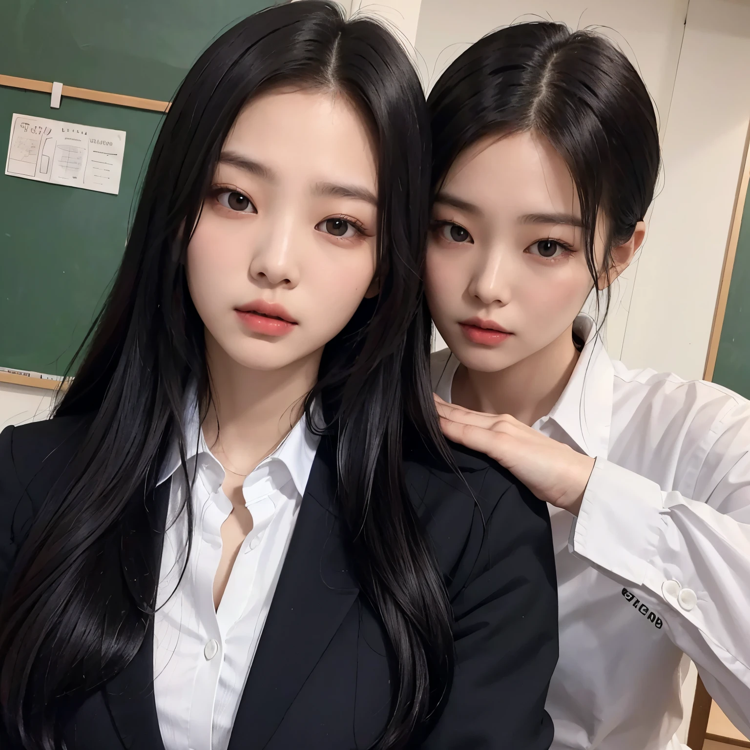 a Korean woman with very long black hair is in a school uniform, healthy body, she is with her teacher in her private classroom, they are alone, he is very handsome and wears a tight button-down shirt, black hair, kpop idols, sexy woman, short uniform, schoolgirl, medium bust, daring woman