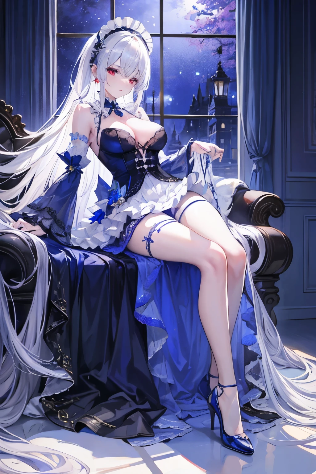 royal family member，Lolita prostitute，Blue color scheme，white long straight hair，red eyes，ear  ring，secretary，leg loops，windowsill，starrysky，black silk high heels，long  skirt，Serious，Lace headband，Lace gloves ，maid，Erlang legs