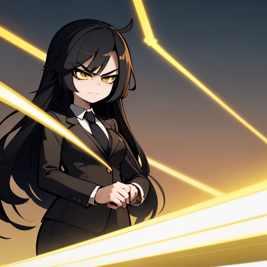 Mel Party, vtuber, long black hair, yellow eyes, anime girl, angry, mean, narcissist, black suit, black necktie