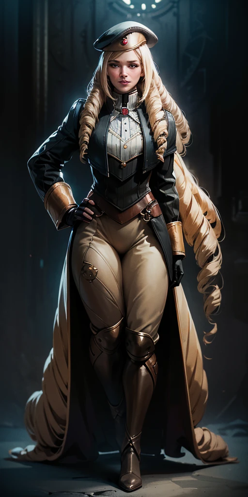(4k, ultra high resolution, Prominence in Masterpiece, High Quality, Best Quality: 1.2) full body, 1 female, solo, 1girl, 1woman, lustful smirking smile blush, looking at viewer, sitting, blonde hair, long hair, (black jacket), beautiful and detailed face, detailed eyes, looking at the viewer (grey theme) close jacket (aesthetic clothing) hands on hips, wide hips, blonde long hair, blonde drill hair, blonde twin drills hair, blue wizard hat, Handcuffs on their hands, With a collar around the neck