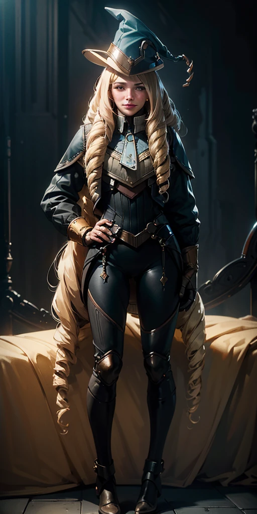 (4k, ultra high resolution, Prominence in Masterpiece, High Quality, Best Quality: 1.2) full body, 1child female, solo, 1girl, 1woman, lustful smirking smile blush, looking at viewer, sitting, blonde hair, long hair, (black jacket), beautiful and detailed face, detailed eyes, looking at the viewer, (grey theme), close jacket, (aesthetic clothings) hands on hips, wide hips, blonde long hair, blonde drill hair, blonde twin drills hair, blue wizard hat, Handcuffs on their hands, With a collar around the neck