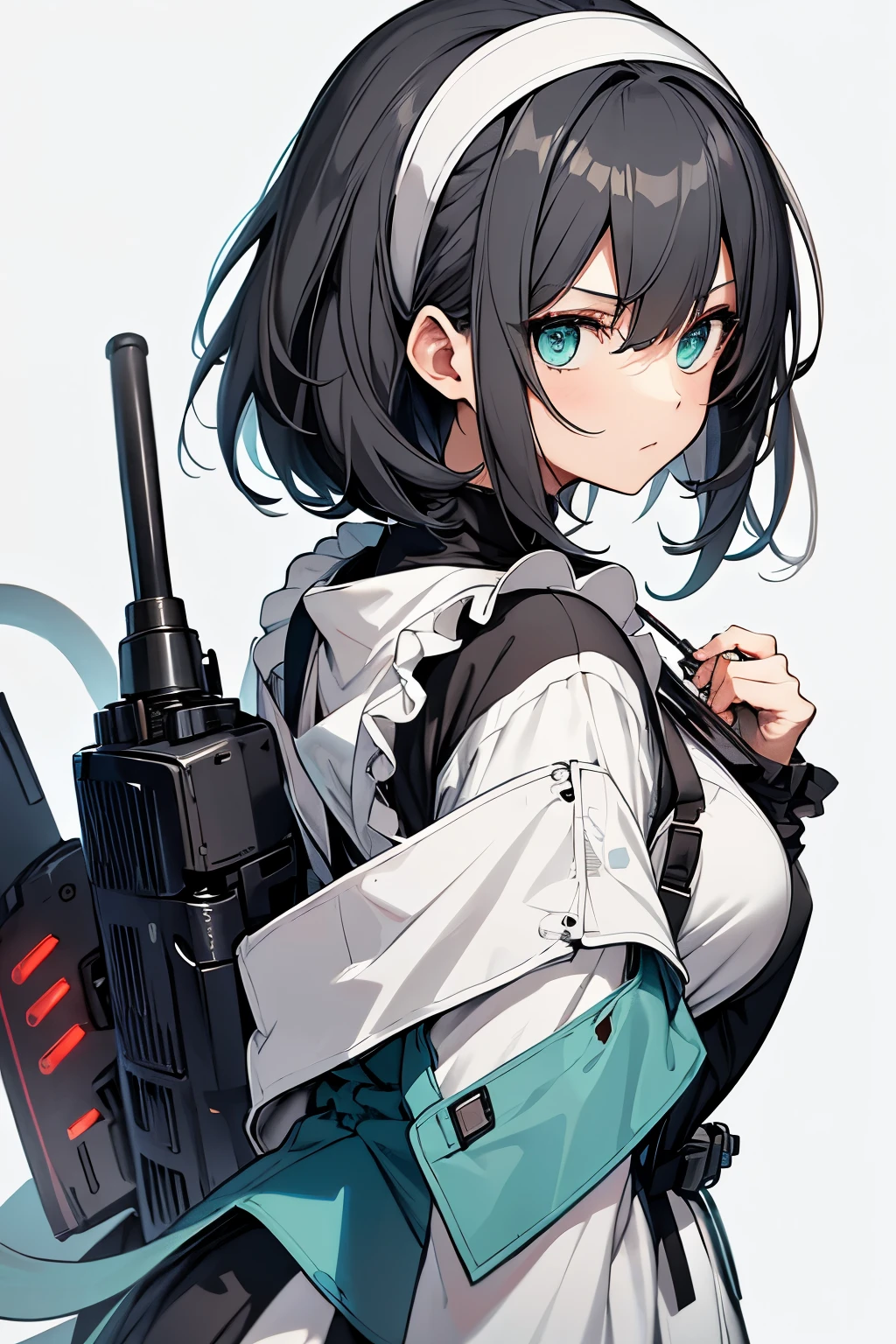 1black hairband, cable, cable tail, cropped legs, cyborg, extra arms, from behind, hair behind ear, hairband, looking back, mechanical arms, mechanical tail, pants, science fiction, shoulder blades, solo, surprised, tail, best quality, amazing quality, very aesthetic, absurdres, (masutepiece:1.2, Best Quality), [girl, expressioness, (Turquoise eyes:1.3), front facing, jet-black hair, half short hair,straight hair, Jacket is taken off, Cafe Apron,black frill skirt,] (Gray white background:1.5),gothic maid dress ,