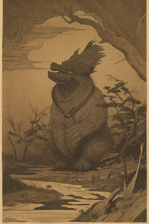 ((Chojugiga)), ((Shihon Bokuga)), antique, (anthropomorphism), (Sumi-e), Monochrome art, (Old paper style illustration), (hunting paintings), Mural style, Little monster, old performance, variational pointillism, flat illustration, eerie, horror elements, eerie worldview, (primitive art), Outline warm color, old picture scroll style, old staging, Ancient mural style