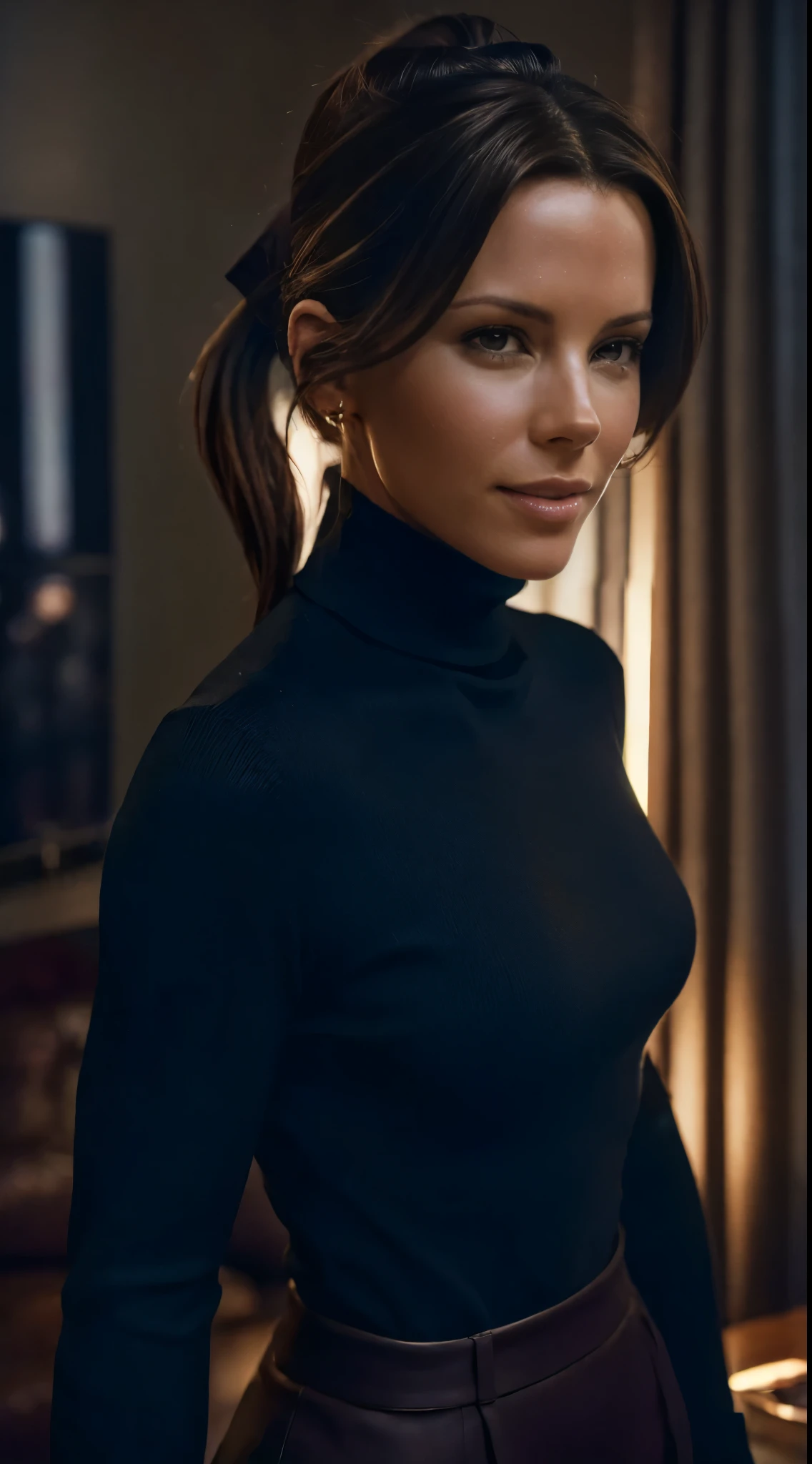 Foto hiperrealista en primer plano de Kate Beckinsale, ,  masterpiece, best quality, (photorealistic:1.4), portrait photo, black turtleneck sweater, night in living room, during the night, dark night, during night, cinematic light, beautiful woman, skinny, small breasts, brown hair (ponytail haircut:1.2), detailed face, smile, facing the camera, photo taken from a distance