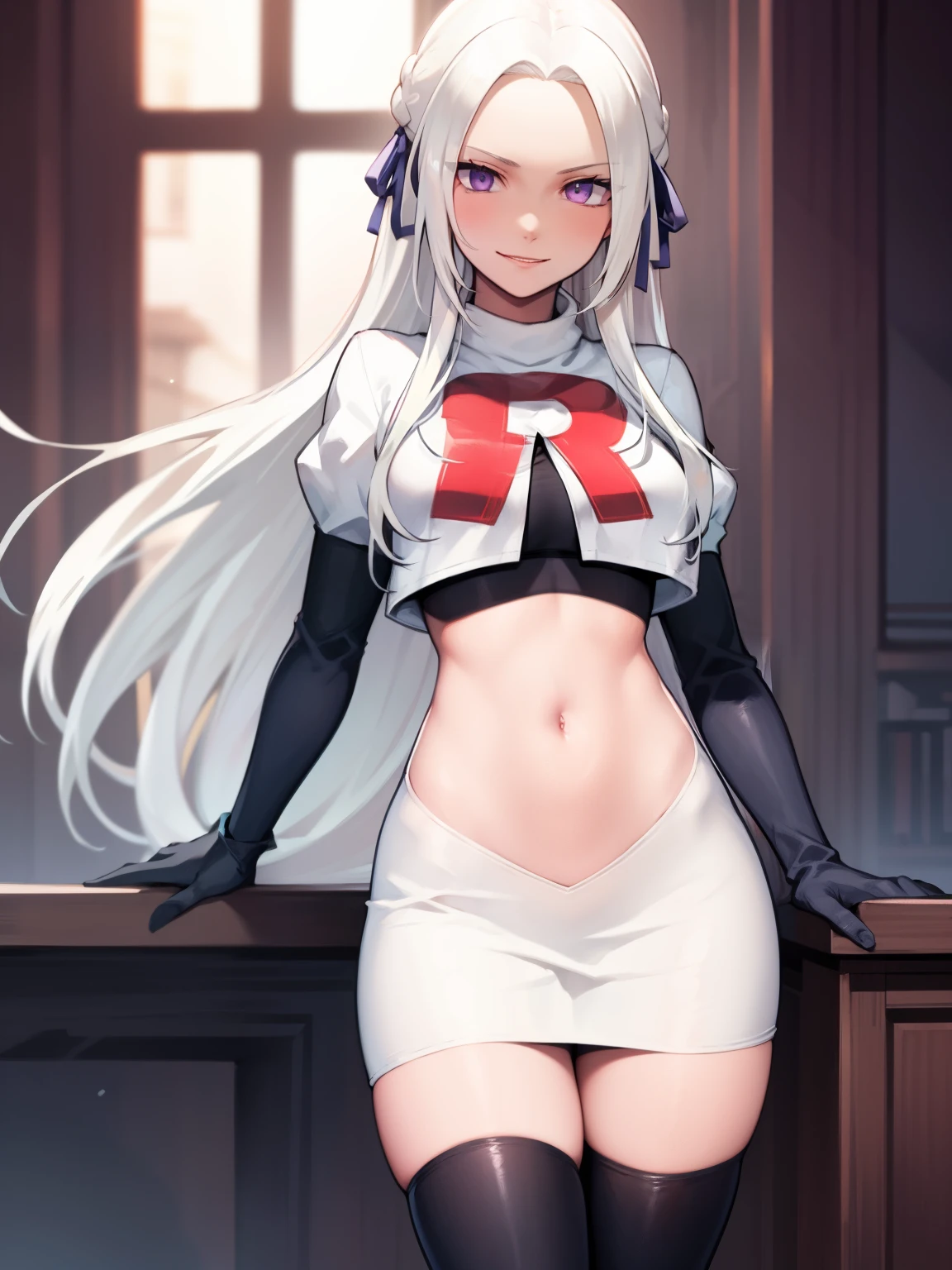 edelgard_academy, hair ribbon, long hair, white hair, purple eyes, glossy lips ,team rocket uniform, red letter R, white skirt,white crop top,black thigh-high boots, black elbow gloves, evil smile, looking at viewer, cowboy shot