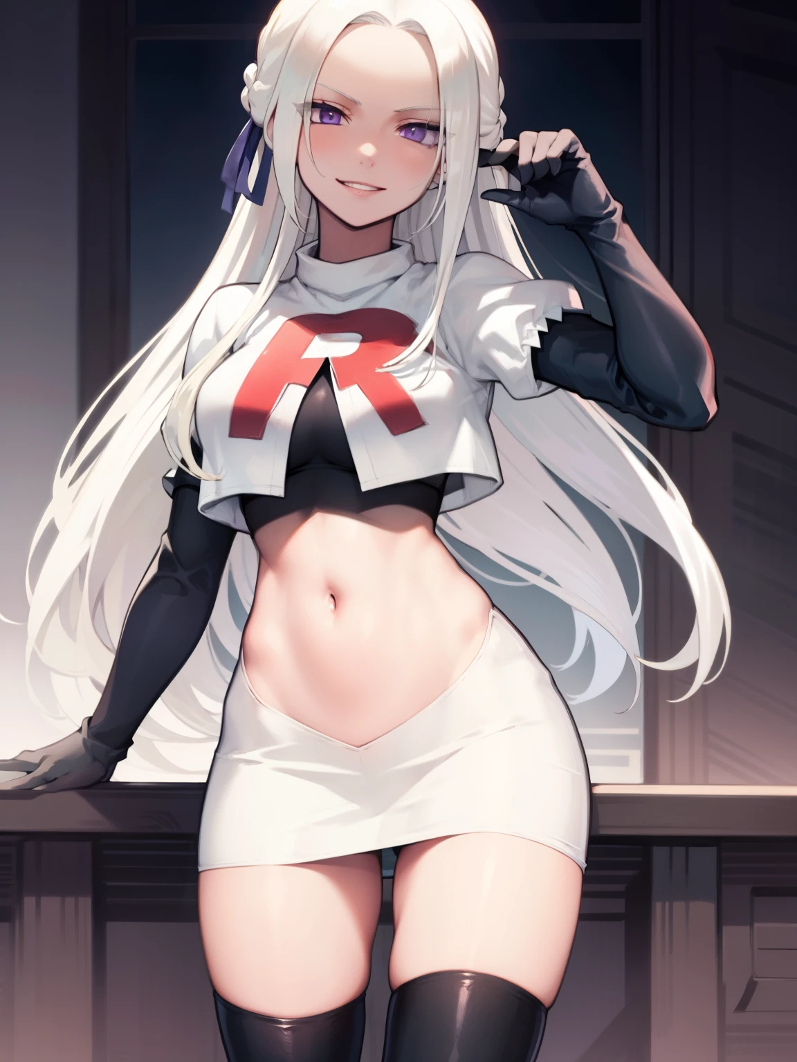 edelgard_academy, hair ribbon, long hair, white hair, purple eyes, glossy lips ,team rocket uniform, red letter R, white skirt,white crop top,black thigh-high boots, black elbow gloves, evil smile, looking at viewer, cowboy shot