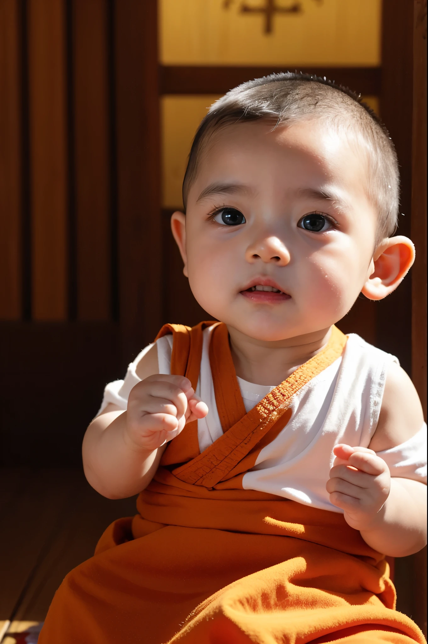 2--old tle monk in infancy，large ear，Background with，Inside the temple