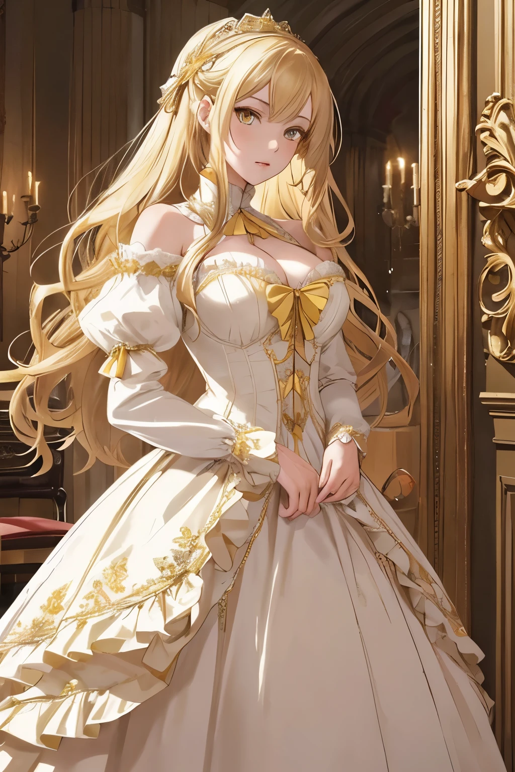 ((best quality)), ((masterpiece)), (detailed), perfect face, anime woman, high resolution, Victorian anime ager, holding masquerade, white and yellow dress, blonde, yellow eyes, london, standing, brown skirt