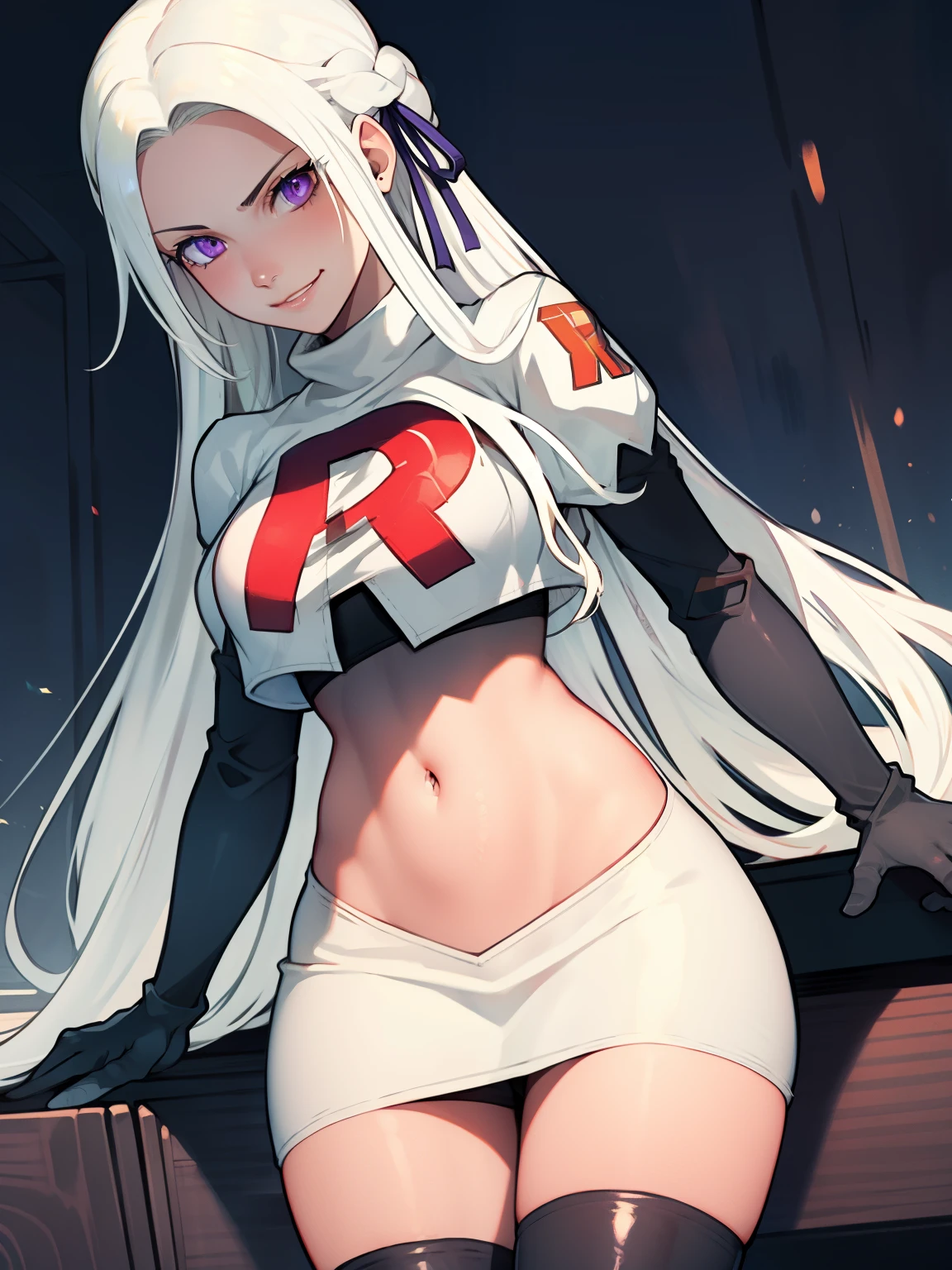 edelgard_academy, hair ribbon, long hair, white hair, purple eyes, glossy lips ,team rocket uniform, red letter R, white skirt,white crop top,black thigh-high boots, black elbow gloves, evil smile, looking at viewer, cowboy shot