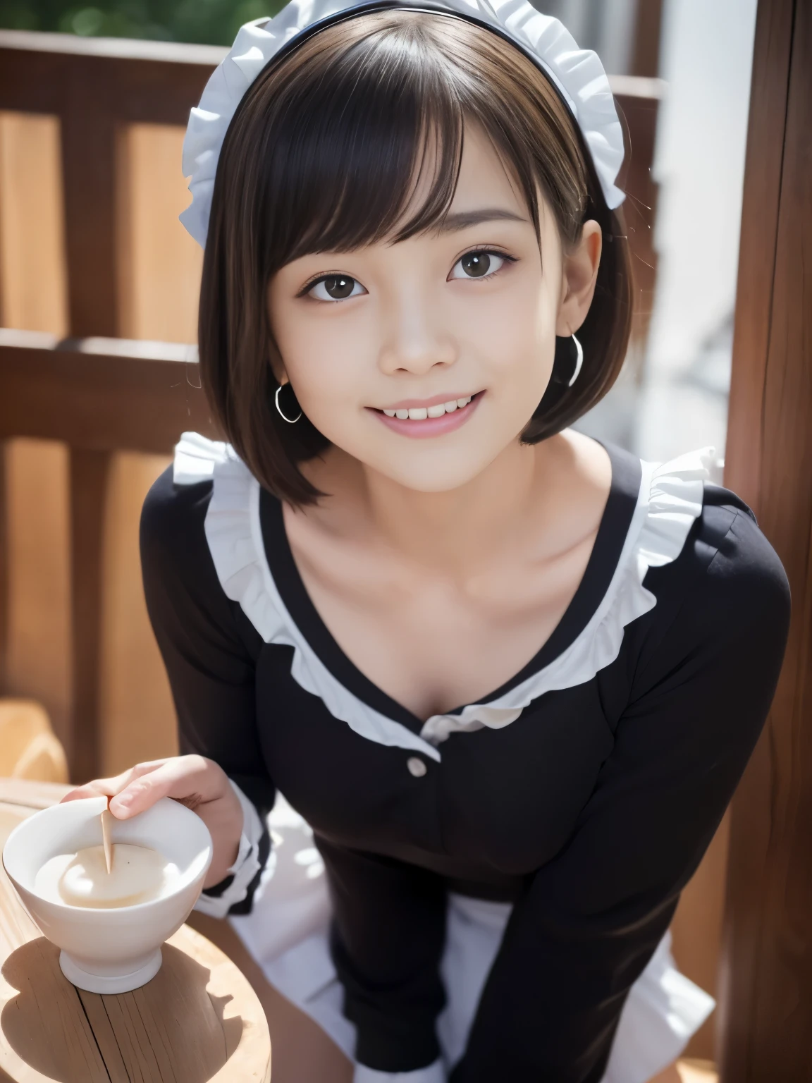 (Surrealism, RAW photo, Nikon, 8k, super detail, masterpiece, high details, intricate details, super detailed, realistic lighting), 
(anatomically correct, very accurate human body, highly detailed face, realistic skin, realistic portrayal of characters), 
(, Japanese younger sister, Japanese high school girl, slim waist and busty body, baby face, younger sister girl, affectionate cute, cute girl, surreal girl), 
(round face, black hair, short bob cut, see-through bangs, Down-slating eyebrows, troubled eyebrows, lowered eyebrows, Moist eyes, one little earring, light blush), 
(Welcome viewers, serve customers, entertain customers), 
(Classy smile, lovely smile), 
(Pink maid costume, frilly miniskirt, headdress, headrest, long sleeve frilly shirt), 
(cafe, restaurant), 
Natural lighting, full length, whole body