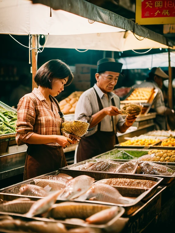 High resolution UHD, 32k Nikon camera, Lieca lens, realistic image in an ancient style, sharp face, capturing every detail, 60's era, atmosphere in a fresh market, fish stall. A Chinese man and woman in their 60s, wearing faded, worn out shirts and short hair, were sitting sorting fresh fish for sale. Topped with ice with fresh fish placed on top of the ice in a fresh market, backdrop in a fresh market, vintage image