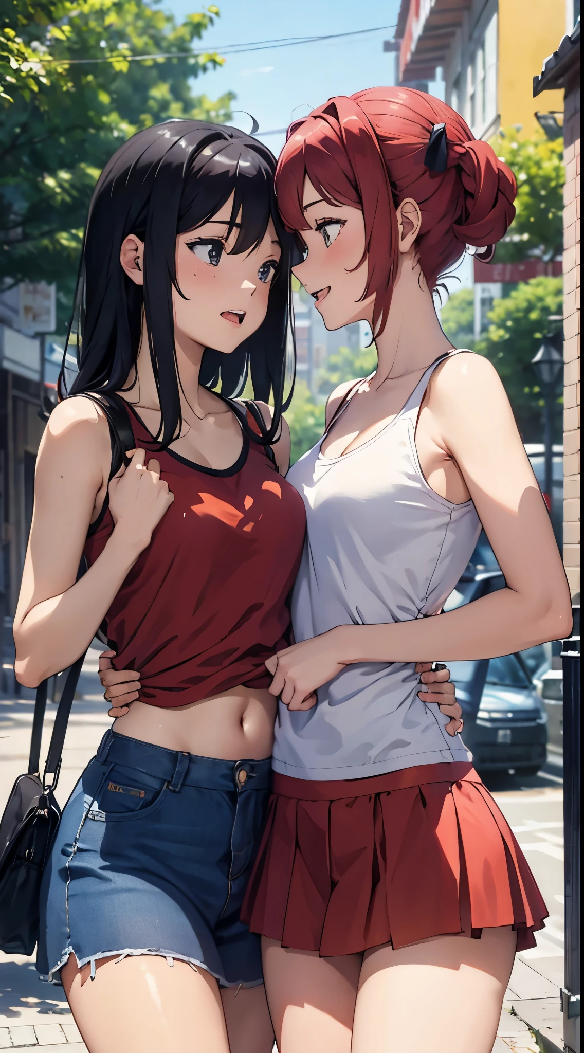 2 women having fun, 好色的:1,2, :1,2, NSFW:1,2, Lesbian Yuri:1,2, puss, Be red in the face, wearing a tanktop and skirt, Hot summer days