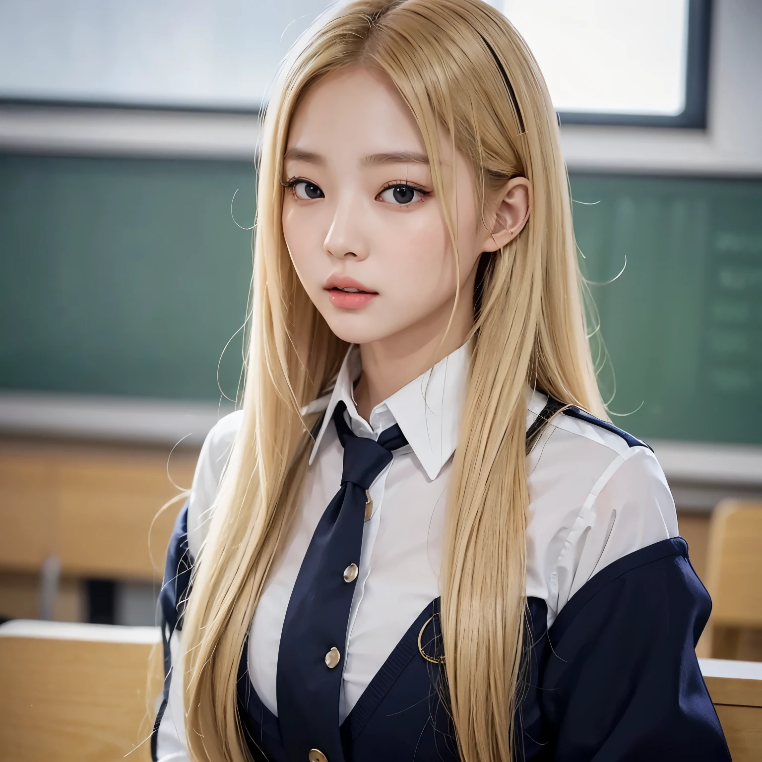 a Korean woman with very long blonde hair is in a school uniform, healthy body, she is alone in they classroom, they are alone, he is very handsome and wears a tight button-down shirt, blonde hair, kpop idols, sexy woman, short uniform, schoolgirl, medium bust, daring woman, sensual girl, buttonless shirt, beautiful woman, big chest, glowing