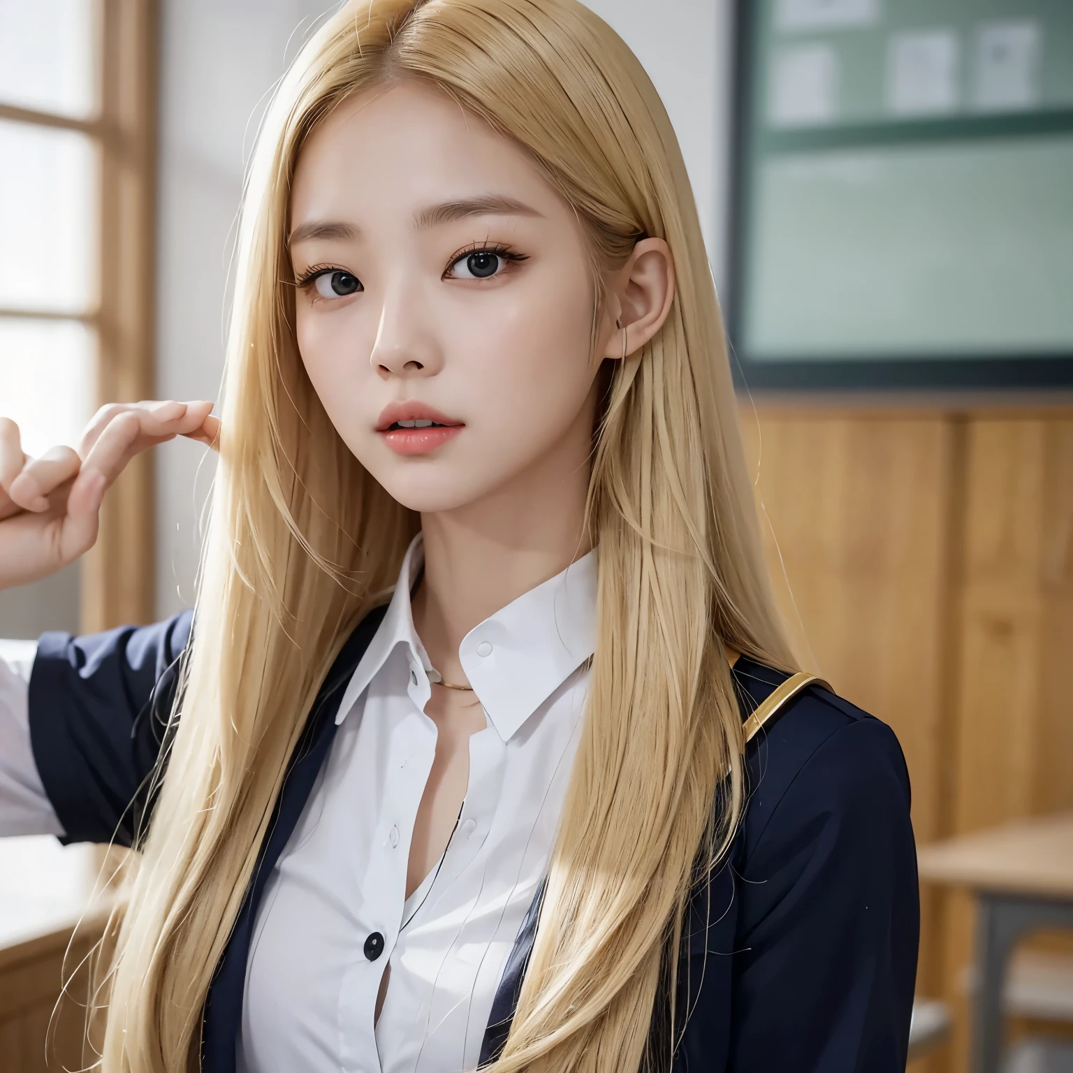 a Korean woman with very long blonde hair is in a school uniform, healthy body, she is alone in they classroom, they are alone, he is very handsome and wears a tight button-down shirt, blonde hair, kpop idols, sexy woman, short uniform, schoolgirl, medium bust, daring woman, sensual girl, buttonless shirt, beautiful woman, big chest, glowing