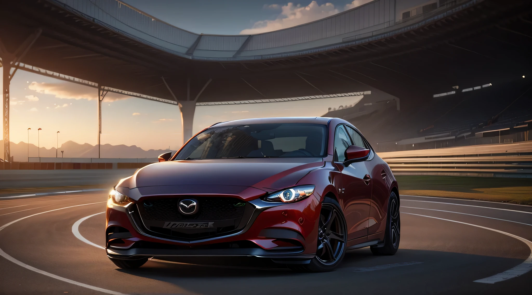 Mazda cars, track style (RAW photogr: 1.2), (actual: 1.4), (tmasterpiece: 1.3), (Best quality at best: 1.4), 超高分辨率, HighDynamicRange, 8K分辨率, dream-like, Check Comments, Review request, The landscape, (No text)), Personal focus, direct shot,