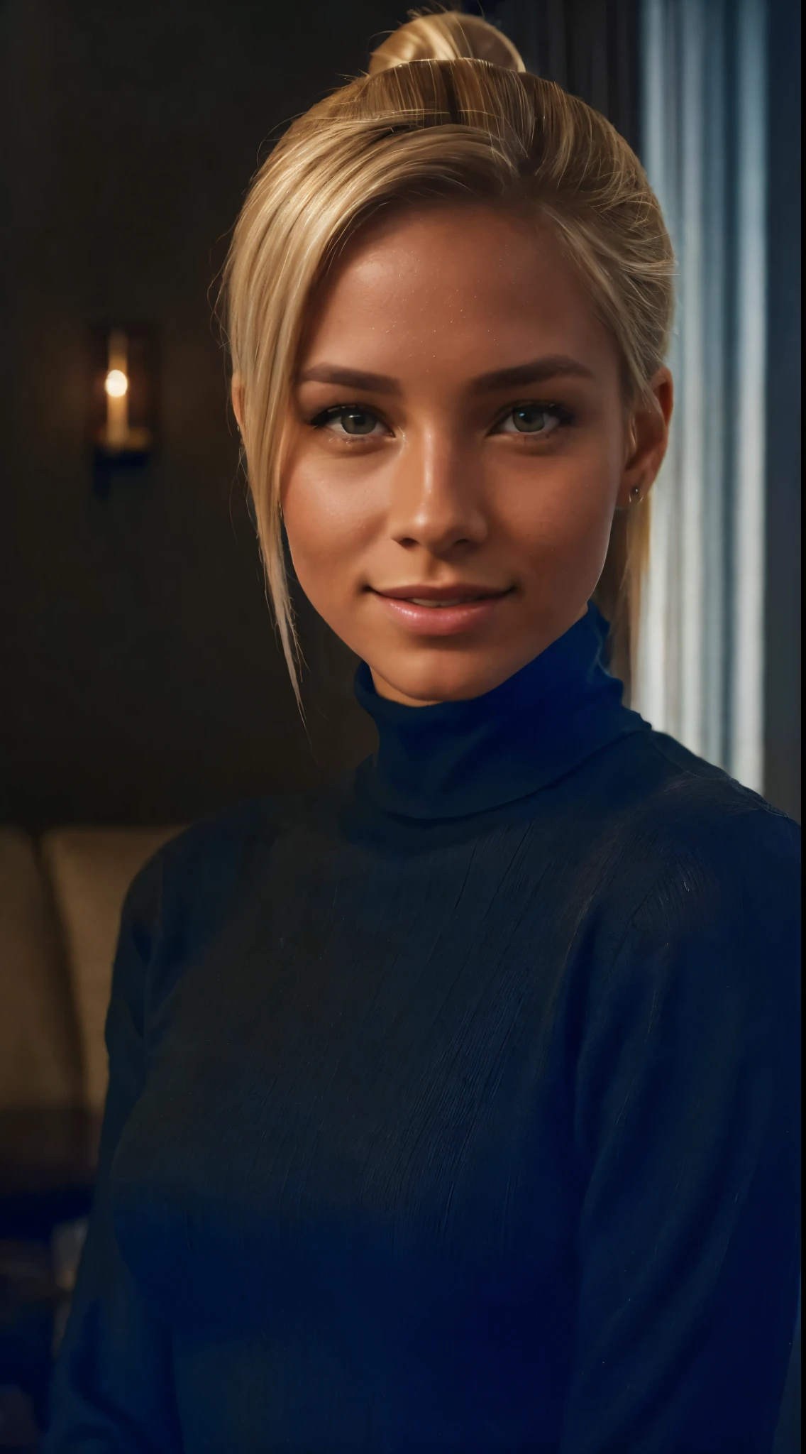 Foto hiperrealista en primer plano de 20 years old Maria Bello, masterpiece, best quality, (photorealistic:1.4), portrait photo, black turtleneck sweater, night in living room, during the night, dark night, during night, cinematic light, beautiful woman, skinny, small breasts, blond hair (ponytail haircut:1.2), detailed face, smile, facing the camera, photo taken from a distance