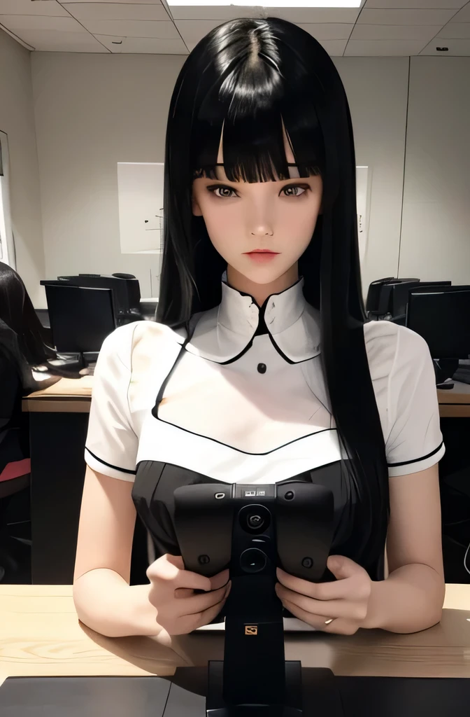 コンピューターでゲームをしている 1 人のMannequin(Beautuful Women Mannequin is 30 years old Mannequinの色'my face is white. Mannequinの色'the body is pure white. Mannequin has black hair(Long straight hair bangss) Mannequin has a thin and long face Mannequinの色'lips are light pink. Mannequin'Eye color is black Mannequinはシャツを着ています)