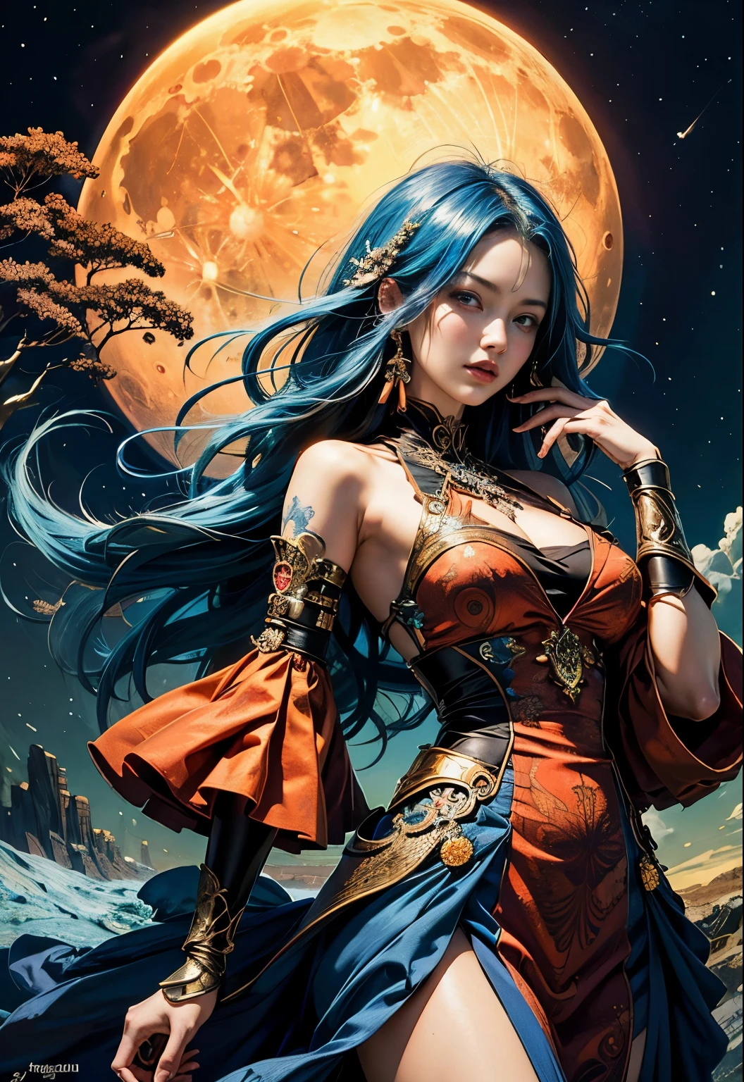 (masutepiece, of the highest quality, Best Quality, Official art, Beautiful and aesthetic:1.2), (1girl in), ighly detailed,(Fractal Art:1.3),Colorful,highest details, she has blue hair and brown eyes, There is a full moon in the background, she is wearing a gorgeous crimson dress