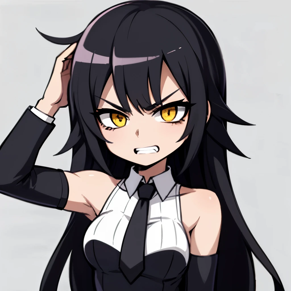 Mel Party, vtuber, long black hair, yellow eyes, anime girl, angry, mean, narcissist, black suit, black necktie