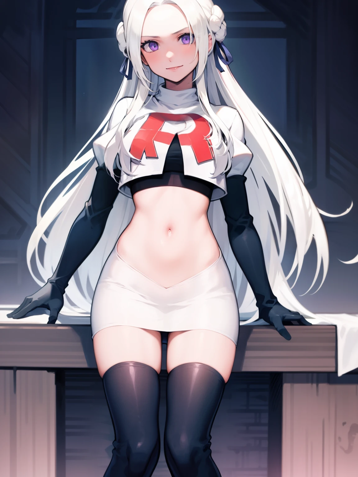 edelgard_academy, hair ribbon, long hair, white hair, purple eyes, glossy lips ,team rocket uniform, red letter R, white skirt,white crop top,black thigh-high boots, black elbow gloves, evil smile, looking at viewer, cowboy shot