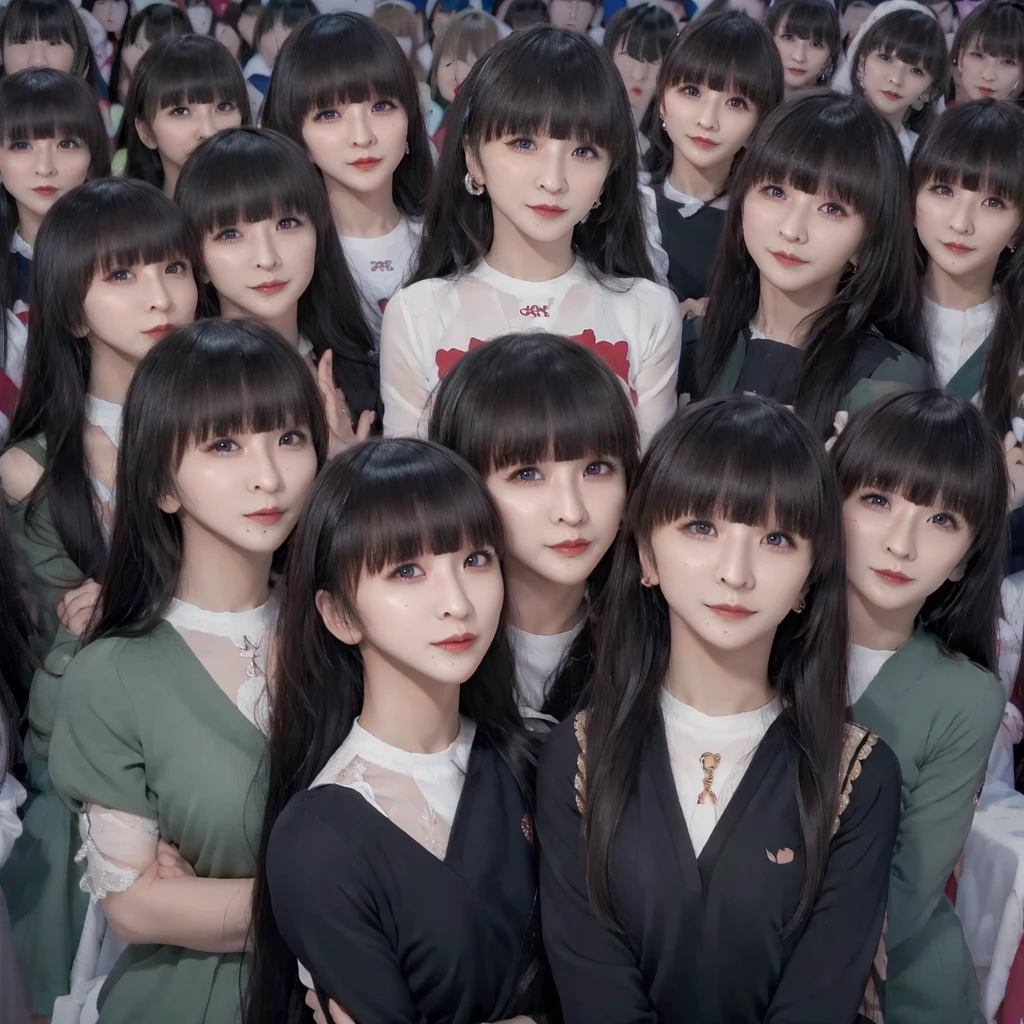 Raw photo、(((multiple girls))),((((6+girls)))),((((100 girls)))),((((1000 girls)))),(((crowd shot))),Women only、((Everyone has the same face))、((matching school uniform))、************、Long black hair、japanes、100 cute high school girls、a smile、‎Classroom、selfee、same person、High school students