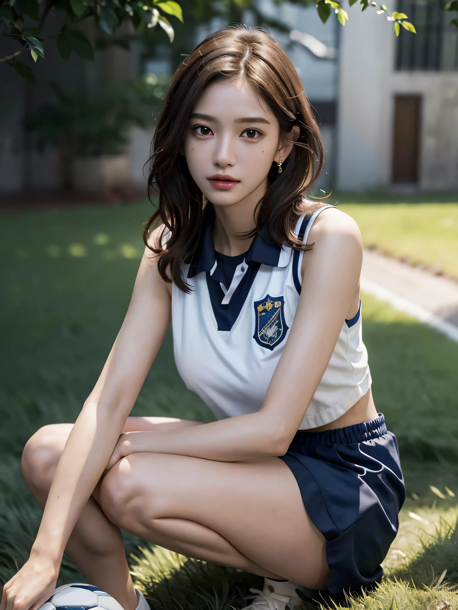 absurderes, Raw photo, Extremely delicate and beautiful, masutepiece, Best Quality, Ultra High Resolution, 16 K, hyper realisitic, Ultra-detailed, Perfect Anatomy, Ultra-detailed細なスキン, Perfect figure, Very detailed CG 8k wallpaper, in her 20s, Very slim body, Narrow waist, Very small head, Very small face, Very detailed face, Very detailed eyes, tear moles, Earring, thin legs, ((very massive round chest)), 1 rapariga, ((Full body shot)), Bare legs, Short hair, Wavy Hair, light brown hair, ((football uniform)), (plein air), Sleeveless, Midriff,