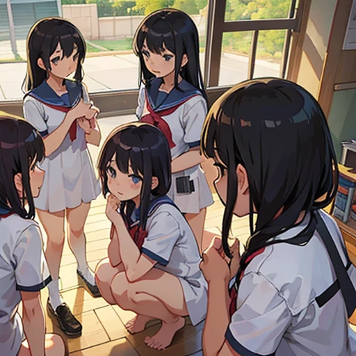 Nudist girl squatting、A lot of close girls hugging each other、surround each other'neck of、Laughter and joy、longshot、Group Selfies、で、Intense curiosity and shame、Leaning forward