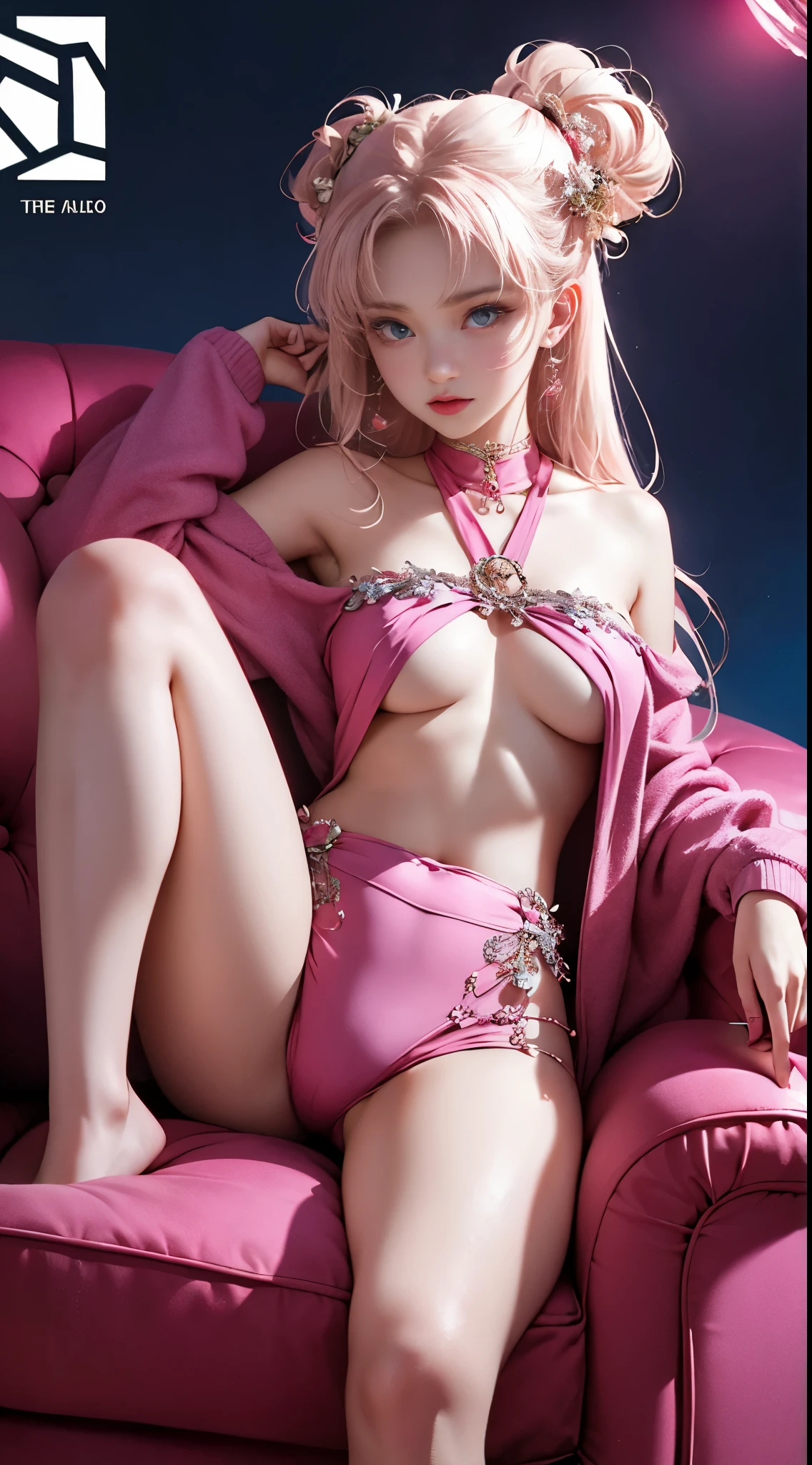 Light blue and red color scheme,pink nipple,little body,Petite,White curly hair, high detail, best quality, supper detail, pink pussy , dark background, 5/6 body, hair over nipple, open legs