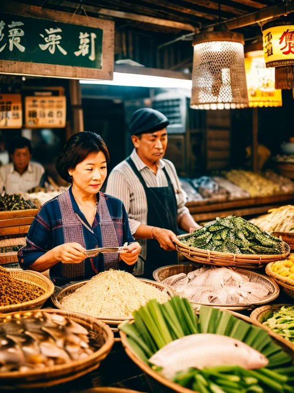 High resolution UHD, 32k Nikon camera, Lieca lens, realistic image in an ancient style, sharp face, capturing every detail, 60's era, atmosphere in a fresh market, fish stall. A Chinese man and woman in their 60s, wearing faded, worn out shirts and short hair, were sitting sorting fresh fish for sale. Topped with with fresh fish placed on top of the in a fresh market, backdrop in a fresh market, vintage image