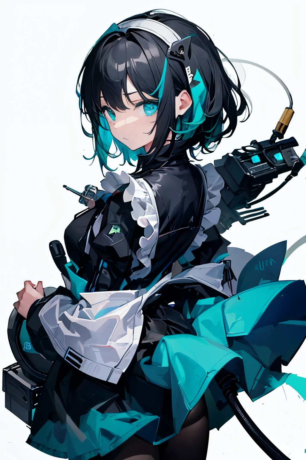 black hairband, cable, cable tail, cropped legs, cyborg, from behind, hair behind ear, hairband, looking back, mechanical tail, science fiction, shoulder blades, solo, surprised, best quality, amazing quality, very aesthetic, absurdres, (masutepiece:1.2, Best Quality), [1 girl in, expressioness, (Turquoise eyes:1.3), front facing, jet-black hair, half short hair,straight hair, Jacket is taken off, Cafe Apron,] (Gray white background:1.3),