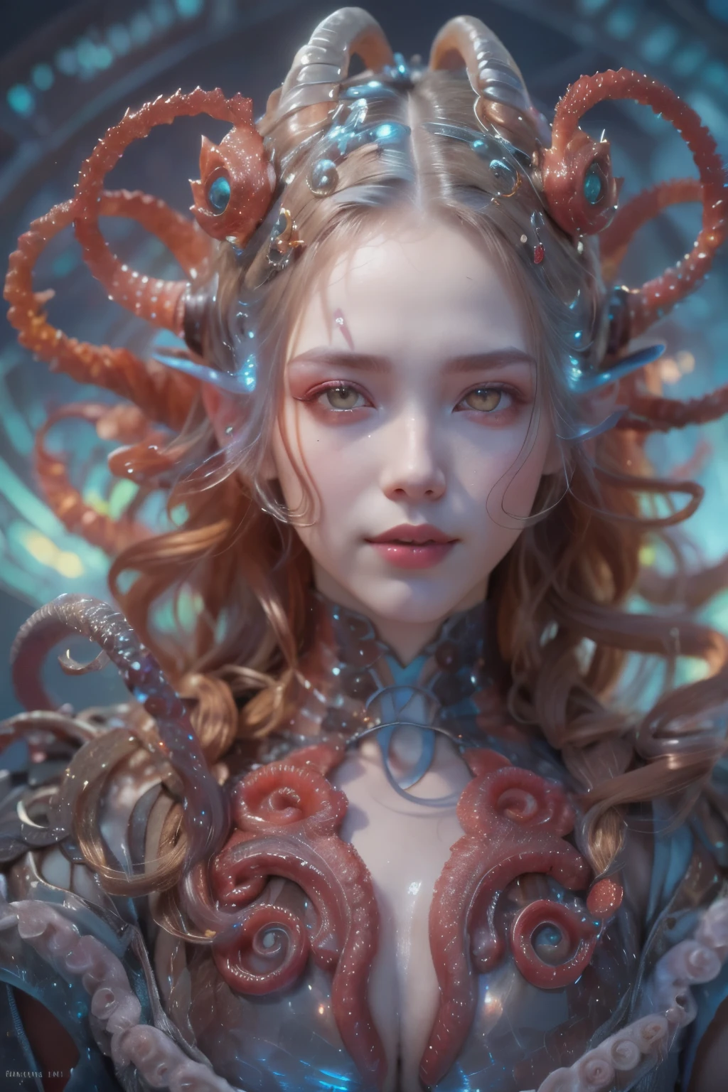 Portrait, (beautiful female alien:1.2), (There is a female genital-like organ in the middle of the forehead:1.8), (The most beautiful face in the history of the universe:1.2), (scarlet eyes:1.6), (translucent pale skin:1.8), an evil gaze that seduces , (red eyes:1.5), Full body like, (sexypose:1.5), alien, No humans, cells are fused, (Lots of translucent Blue tentacles:1.1), extraterrestrial, cell, bio image, 魅惑的, Best Quality, 8K,4K_quality, High Definition, Dramatic Lighting, masutepiece:1.5,cinematic quality, detail up, (Intricate details:1.2), High resolution, High Definition, drawing faithfully, (Thick eyebrows:1.2), Beautiful eyes with fine symmetry, (Highly detailed face and eyes:1.2), (High-resolution red-eye:1.4), Intimate face, (Super detailed skin quality feeling:1.4), Perfect Anatomy, (Beautiful toned body:1.5), (Moist skin:1.2), No makeup, (dark circles:1.1), long canines, cinematic drawing of characters, ultra high quality model, cinematic quality, detail up, (Intricate details:1.2), High resolution, High Definition, drawing faithfully, Official art, Unity 8K wall , 8K Portrait, Best Quality, Very High resolution, ultra detailed artistic photography, midnight aura, unreal engine 5, Ultra Sharp Focus, art by alberto seveso, ArtGerm, Roisch, intricate artwork, Medusa, best quality, masterpiece, ultra High resolution, (photos realistic:1.4), Ultra-realistic realism, dream-like, nautilus, Creation of fantasy, Snail, Dream Snail, (biopunk nautilus:1.4), Thrilling color schemes, Ultra-realistic realism, seductively smiling, Blue tentacles