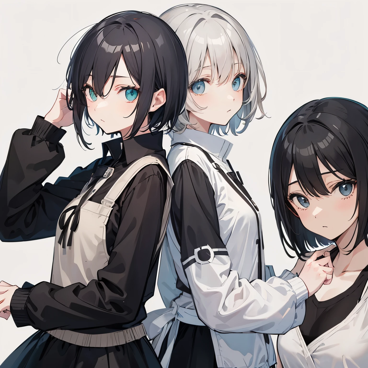 (masutepiece:1.2, Best Quality),  [girl, expressioness, Turquoise eyes, front facing, jet-black hair, half short hair,straight hair, Jacket is taken off, Cafe Apron,black frill skirt,] (Gray white background:1.5),