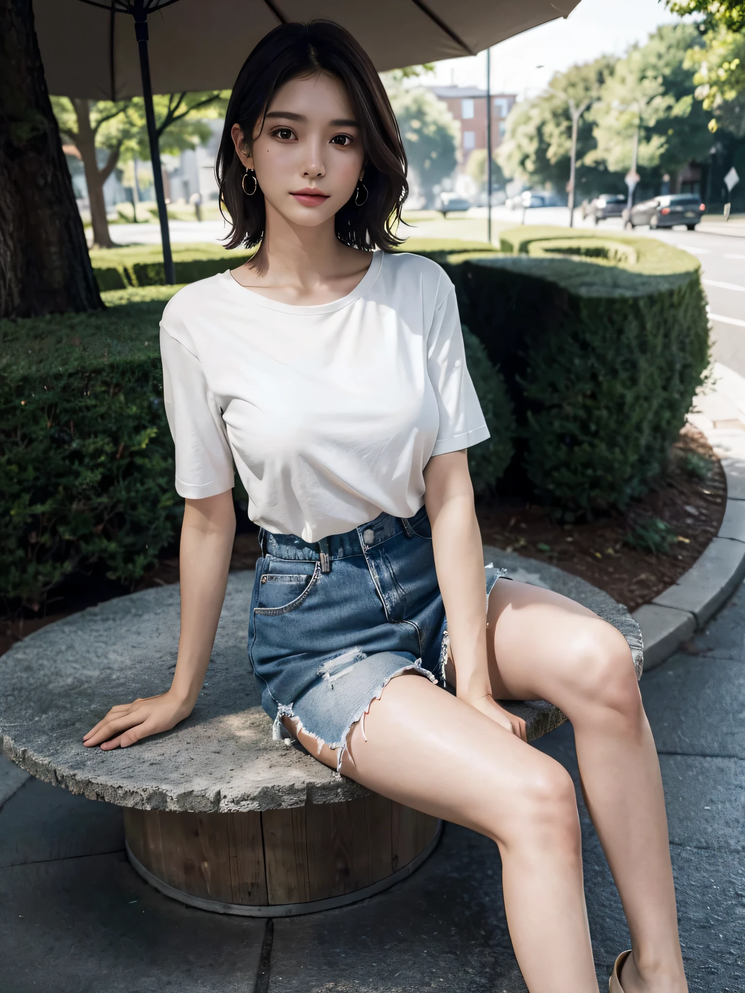 absurderes, Raw photo, Extremely delicate and beautiful, masutepiece, Best Quality, Ultra High Resolution, 16 K, hyper realisitic, Ultra-detailed, Perfect Anatomy, Ultra-detailed細なスキン, Perfect figure, Very detailed CG 8k wallpaper, in her 20s, Very slim body, Narrow waist, Very small head, Very small face, Very detailed face, Very detailed eyes, tear moles, Earring, thin legs, ((very massive round chest)), 1 rapariga, ((Full body shot)), Bare legs, Short hair, Wavy Hair, light brown hair, ((dressed casually)),