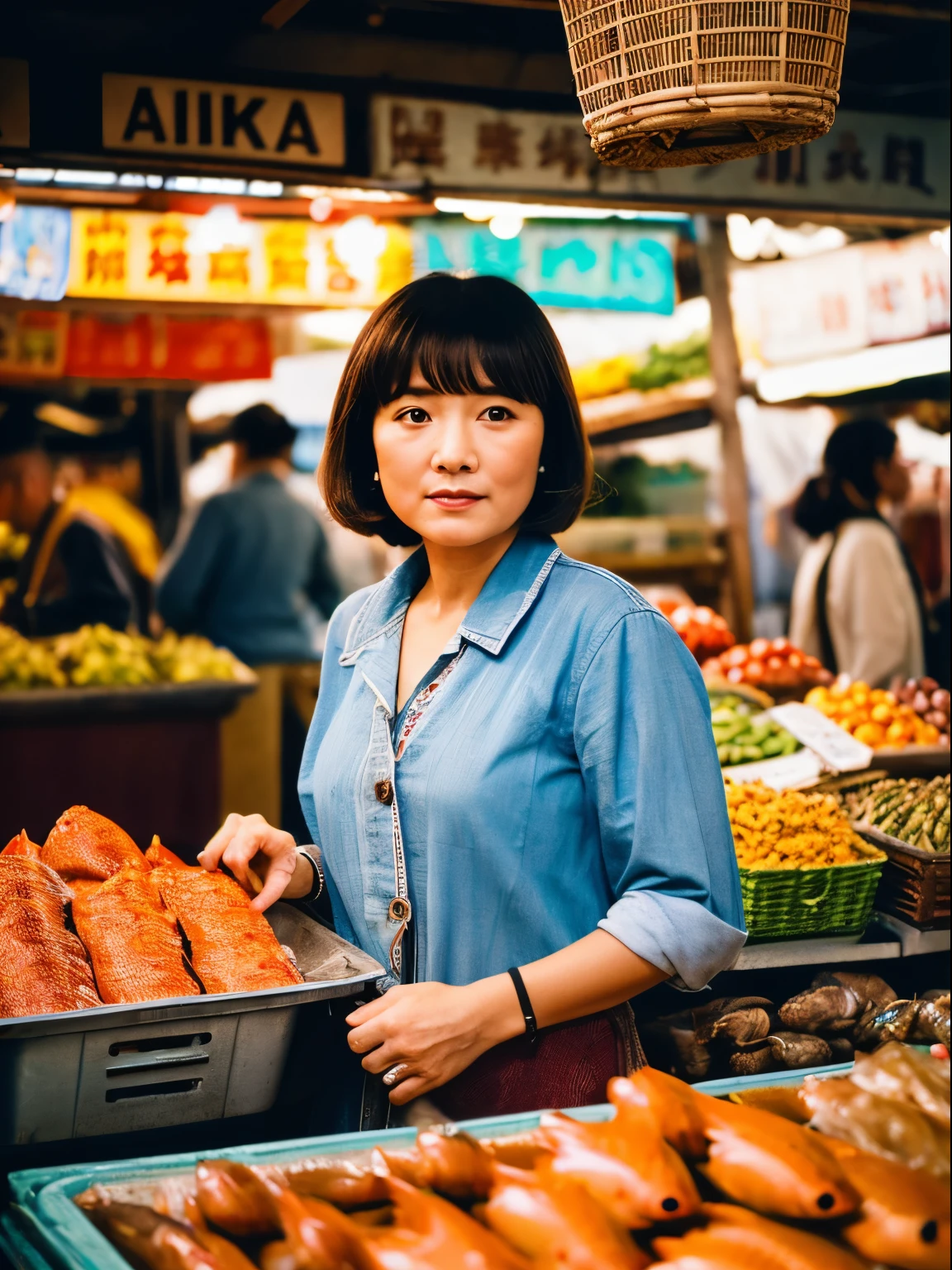 High resolution UHD, 32k Nikon camera, Lieca lens, realistic image in an ancient style, sharp face, capturing every detail, 60's era, atmosphere in a fresh market, fish stall.  A Chinese man and woman in their 60s, wearing faded, worn out shirts and short hair, were sitting sorting fresh fish for sale.  Topped with  with fresh fish placed on top of the  in a fresh market, backdrop in a fresh market, vintage image