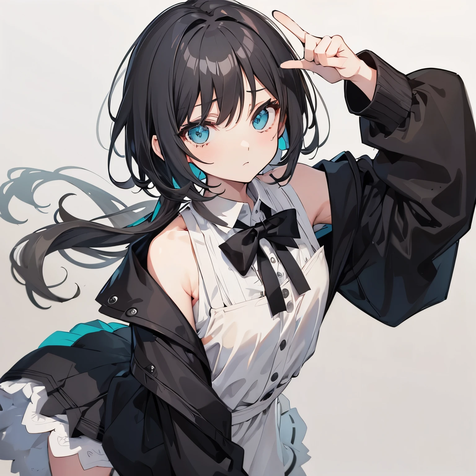 (masutepiece:1.2, Best Quality),  [girl, expressioness, Turquoise eyes, front facing, jet-black hair, half short hair,straight hair, Jacket is taken off, Cafe Apron,black frill skirt,] (Gray white background:1.5),