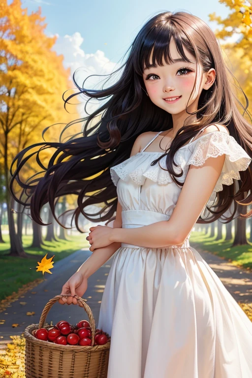 L Girl, Long hair, Round face, Big eyes, long white dress,Smiling, Basket with cherry tomatoes, Skirt blowing in the wind,early summer,Comics、 Park, golden leaves, forest panorama, front