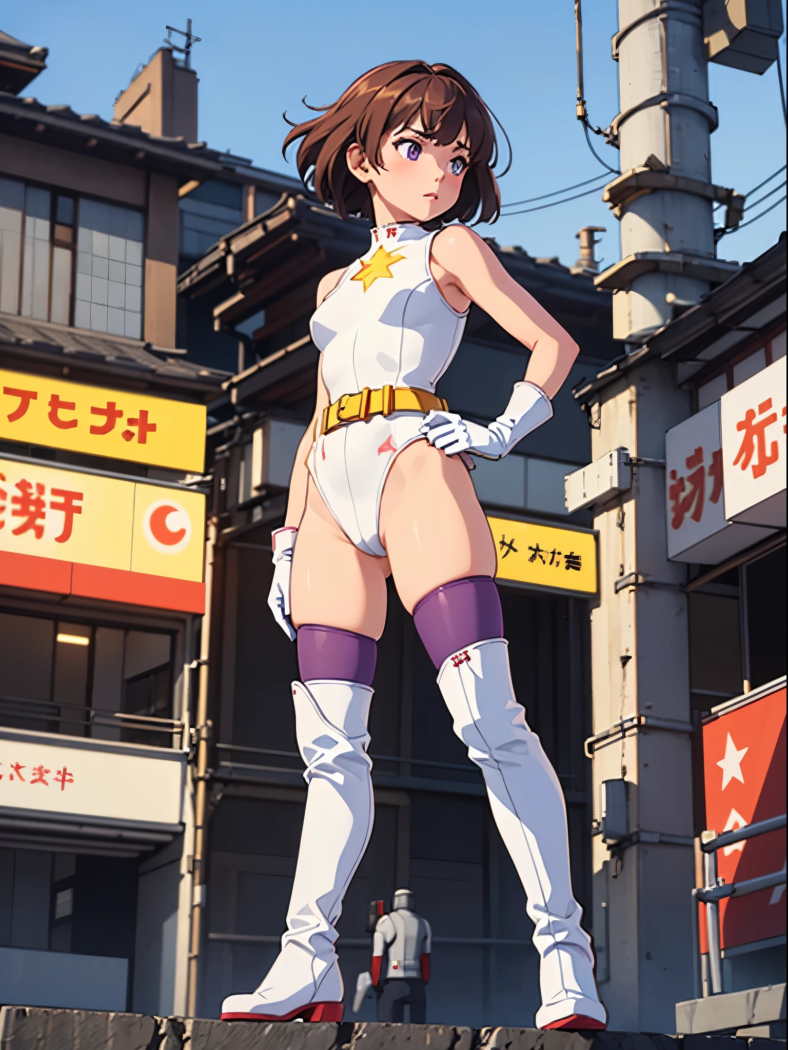1girl, medium breasts, (leotard, white and red leotard), bare legs, (tight belt, yellow belt), (boots, matching boots, ankle boots, white boots), gloves, white gloves, city backdrop, Tokyo city backdrop, (solo, single), hands on hip, standing, full body shot, cowboy shot, superhero, beautiful detailed eyes, mature lady, (gold star symbol on chest), (brown hair), (high leg leotard), (purple eyes), (bob hair, short hair), sleeveless