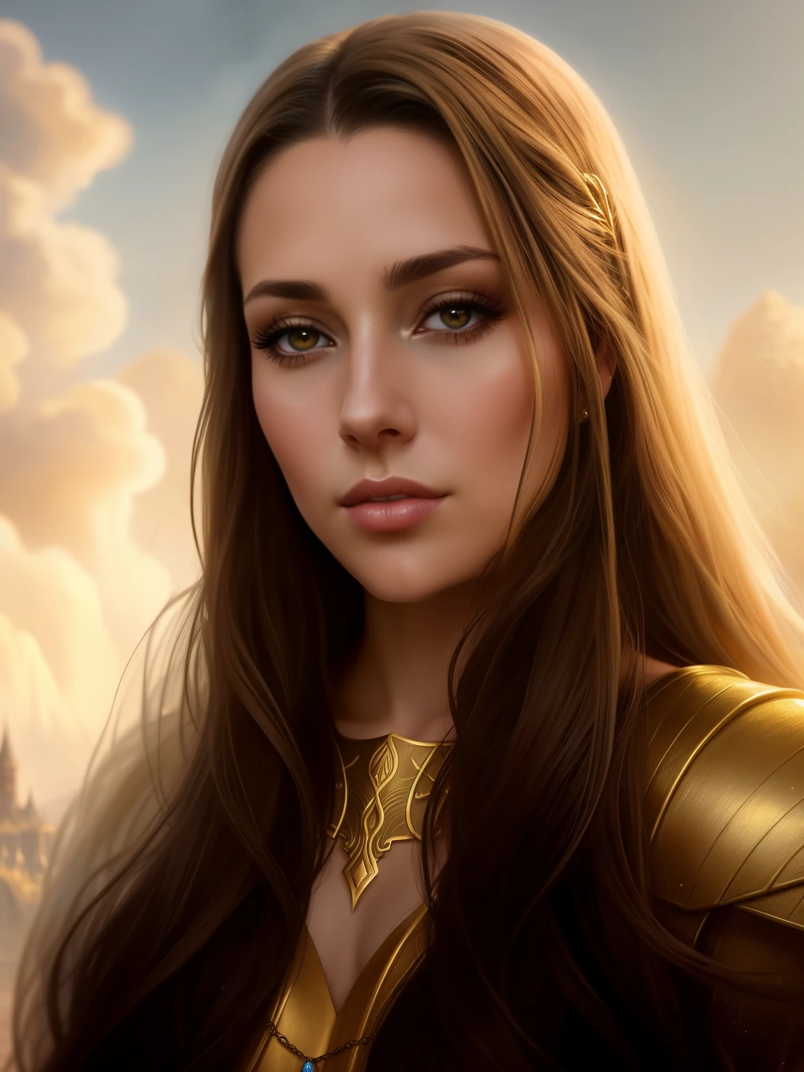 Close-up of a woman with long hair wearing a golden outfit, fantasy concept art portrait, epic fantasy art portrait, detailed matte fantasy portrait, beautiful character painting, beautiful fantasy art portrait, fantasy art portrait, fantasy character portrait, fantasy portrait art, beautiful fantasy portrait, wojtek fus, fantasy portrait, graphic artist magali villeneuve, Masterpiece! Portrait of Arwen