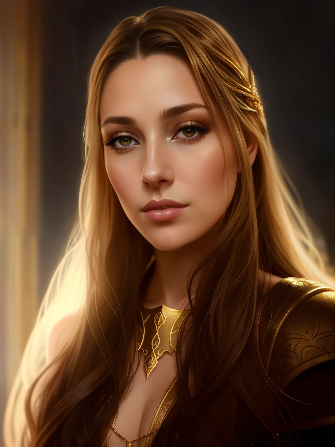 Close-up of a woman with long hair wearing a golden outfit, fantasy concept art portrait, epic fantasy art portrait, detailed matte fantasy portrait, beautiful character painting, beautiful fantasy art portrait, fantasy art portrait, fantasy character portrait, fantasy portrait art, beautiful fantasy portrait, wojtek fus, fantasy portrait, graphic artist magali villeneuve, Masterpiece! Portrait of Arwen