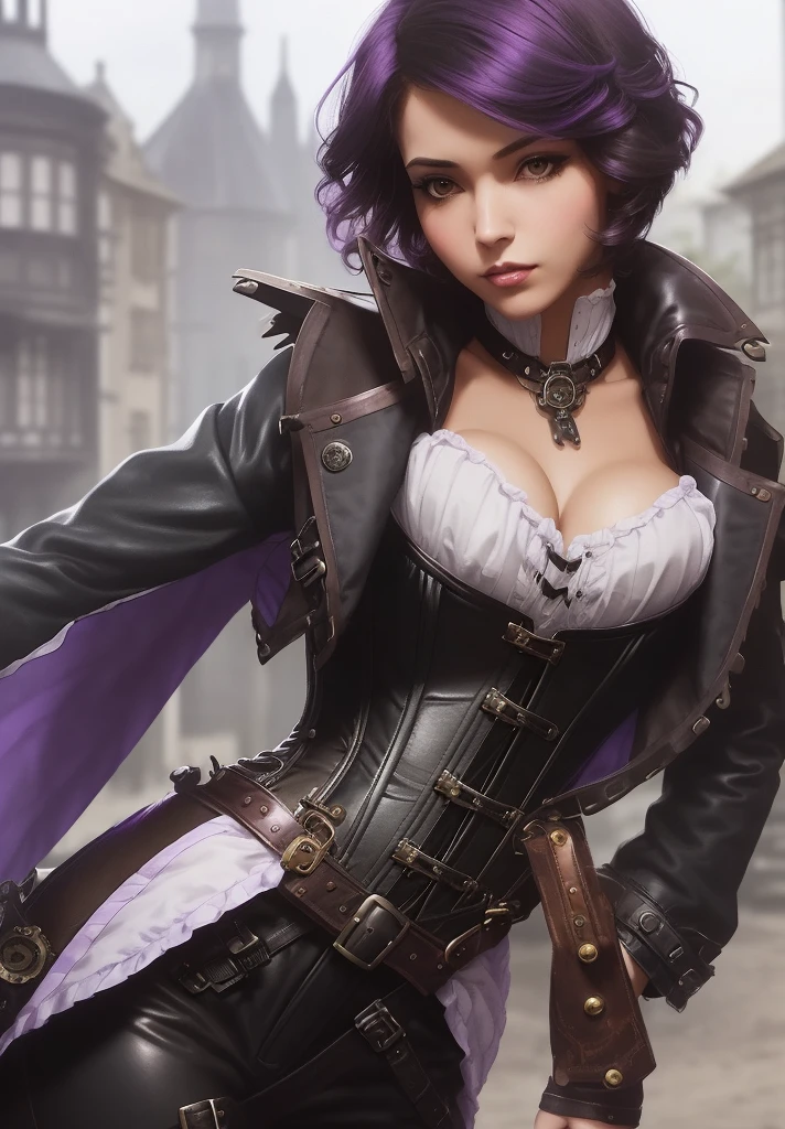 Brunette, ((short hair)), ((black-to-purple ombre hair)), ((solo female)), ((solo)), caucasian, ((steampunk attire)), ((adventurer attire)), rogue, (full body), ((puffy shouldered white blouse)), ((victorian era street)), ((black leather pantrown vest)), ((small breasts)), ((corset)), black thigh boots, outside, night, ((character portrait))