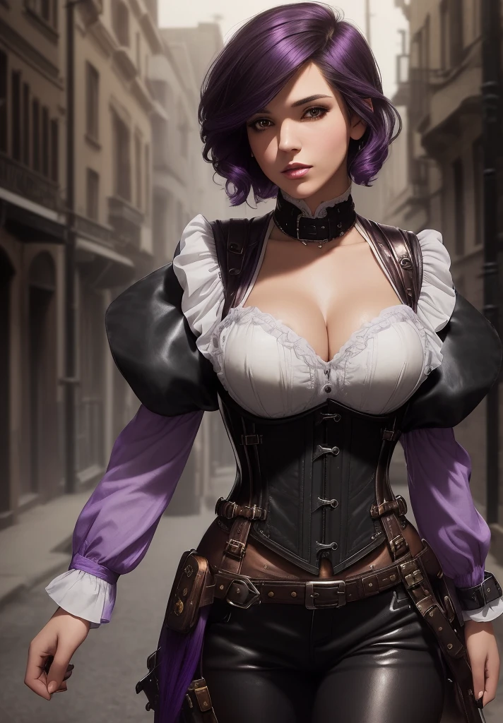girl srading on top of a building, airships in the sky, airplanes, very detailed, realistic, traced lights, 4k, gourgeos, gears, steampunk style, magical, cap, purple hair, bracelets, intricate details, gourgeos landscape, digital art, realistic, misteryous, gloves, inspiring, defined curves, sensual, deep cleavage, seductive